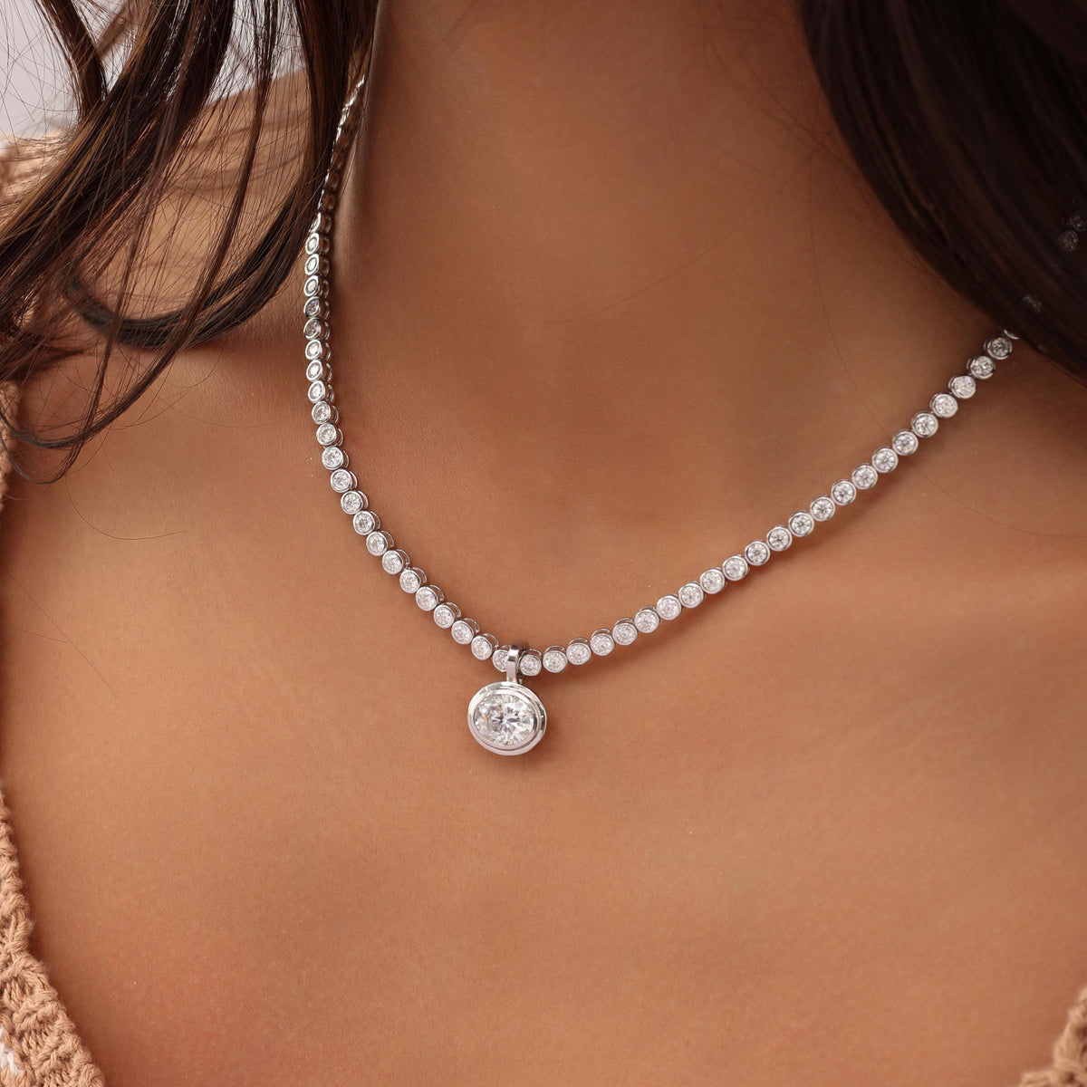 Tennis Necklace with Oval Bezel Pendant — photo 2