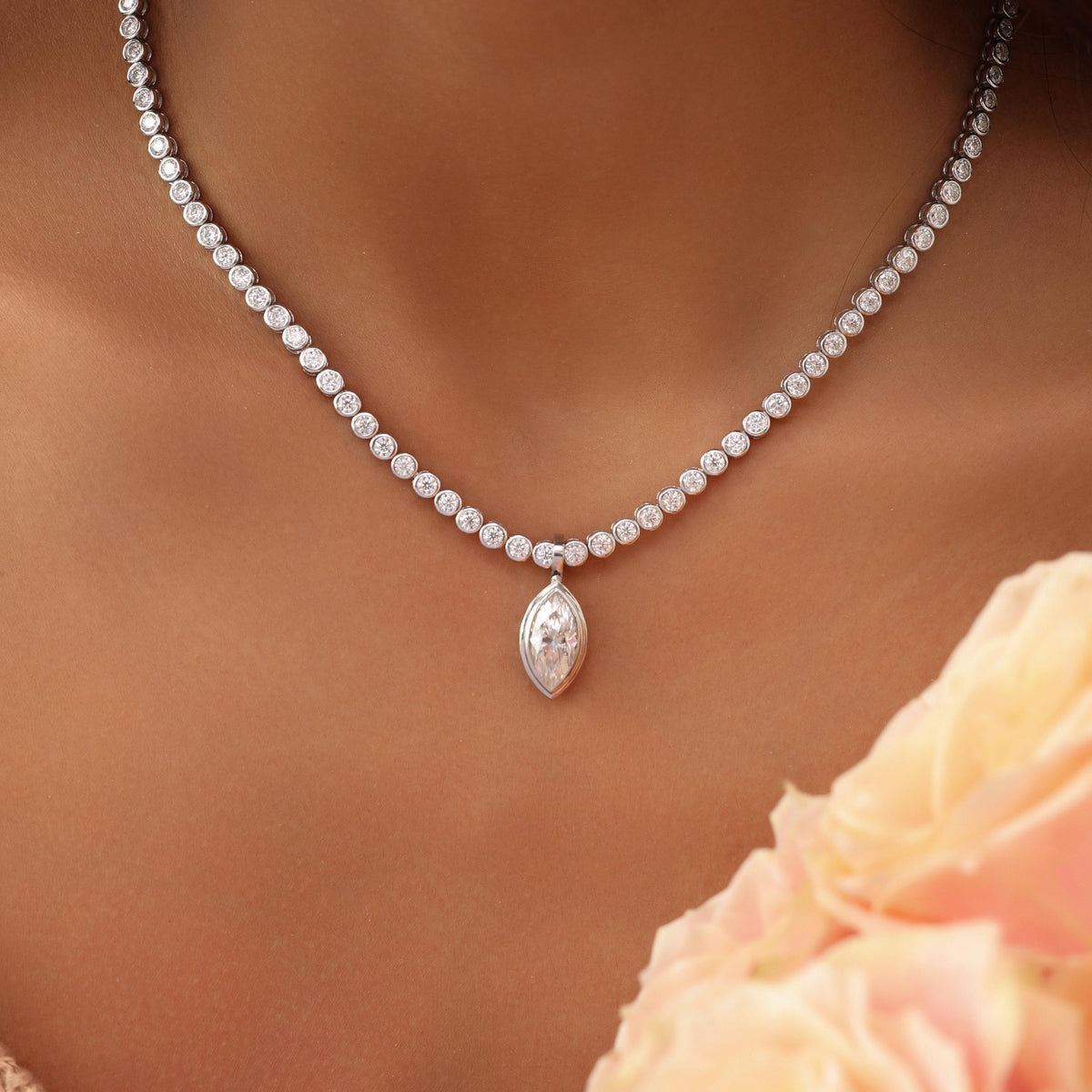 Tennis Necklace with Marquise Bezel Pendant