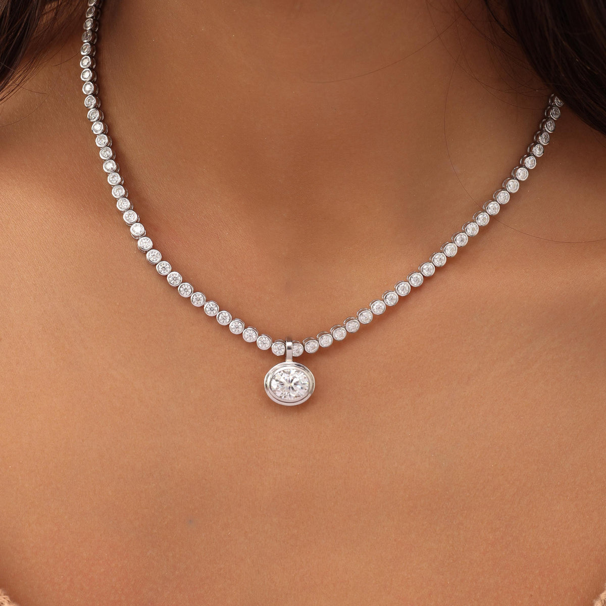 Tennis Necklace with Oval Bezel Pendant — photo 3