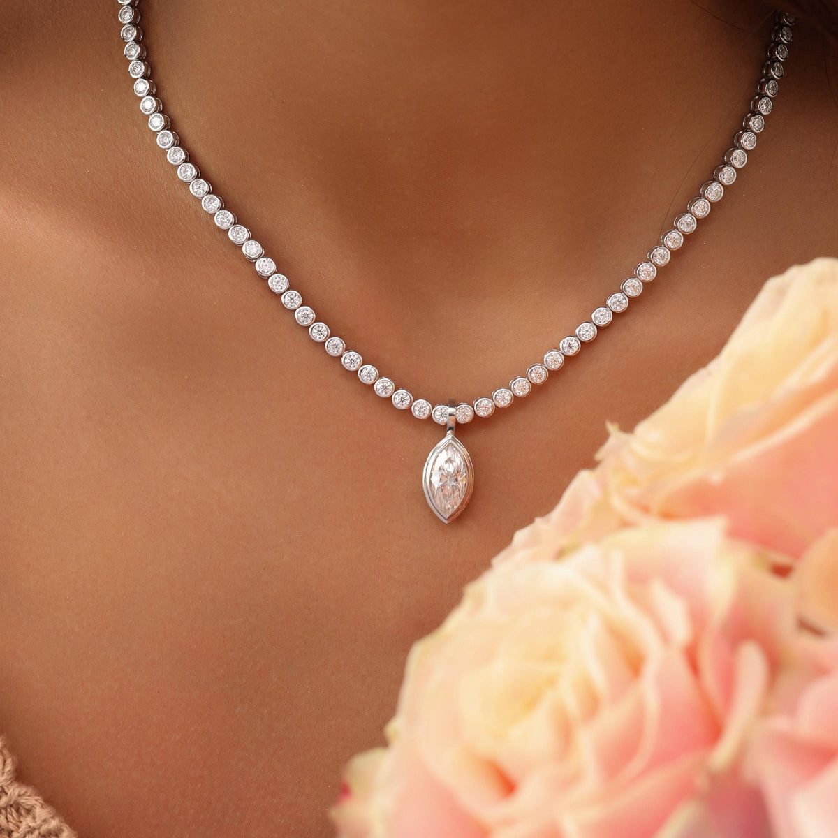 Tennis Necklace with Marquise Bezel Pendant