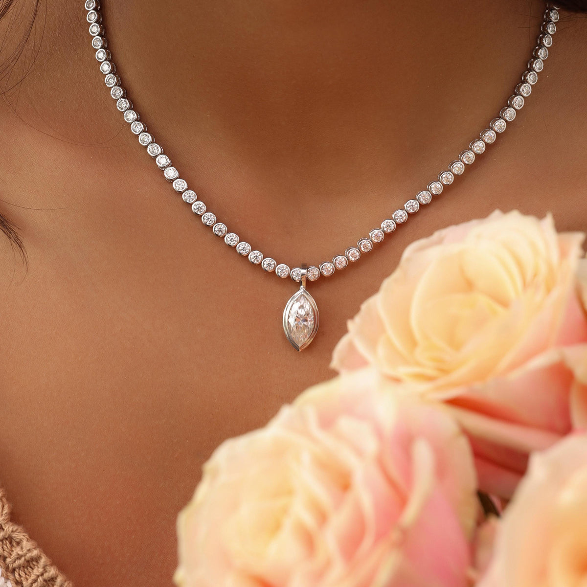 Tennis Necklace with Marquise Bezel Pendant