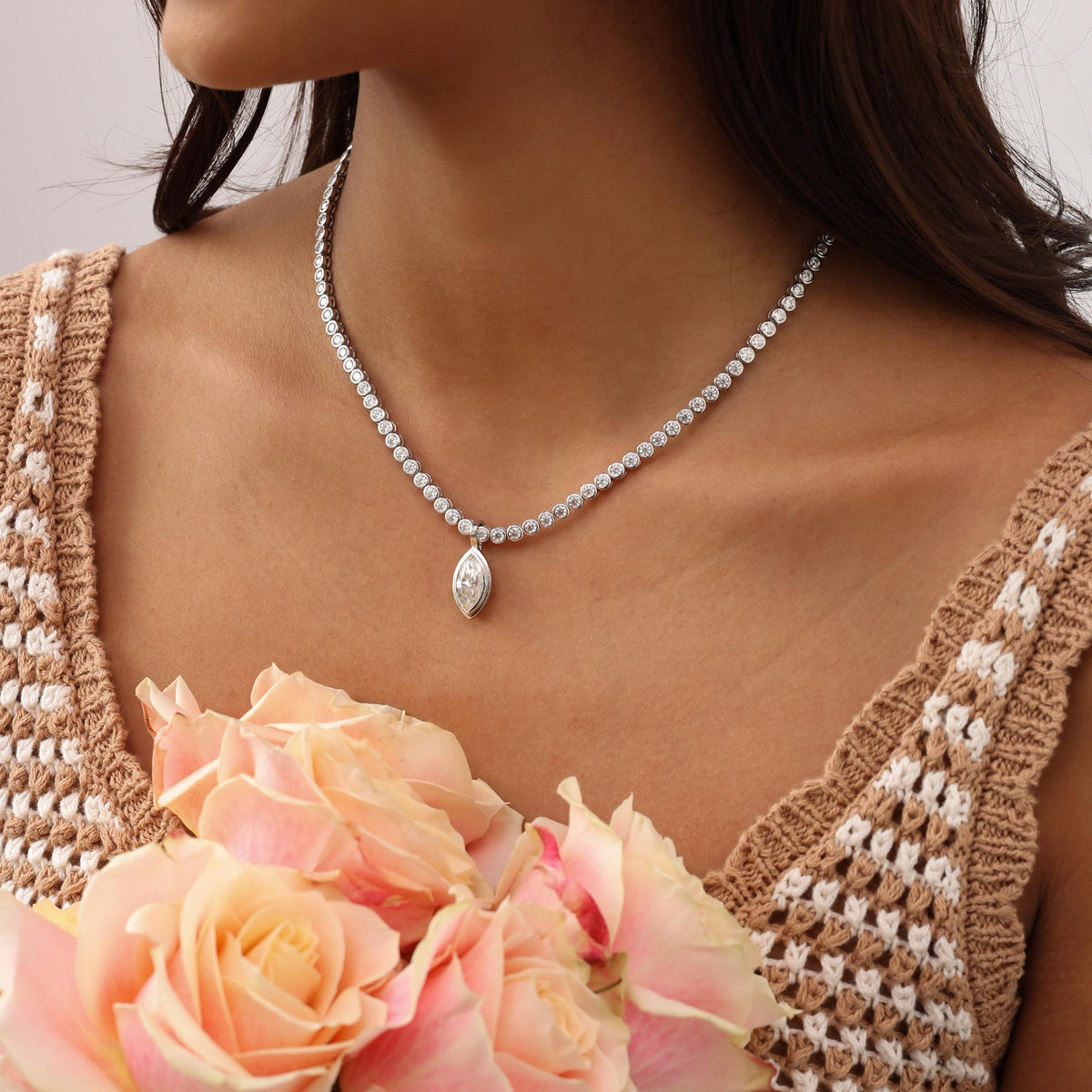 Tennis Necklace with Marquise Bezel Pendant