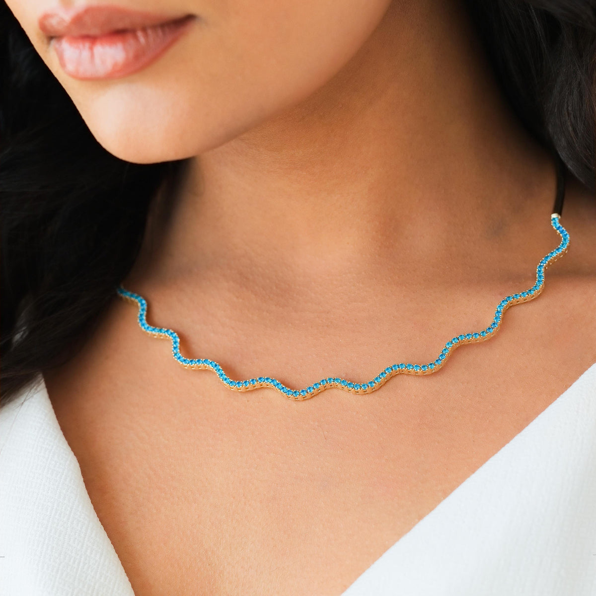 Half Collar Birthstone Wave Tennis Necklace