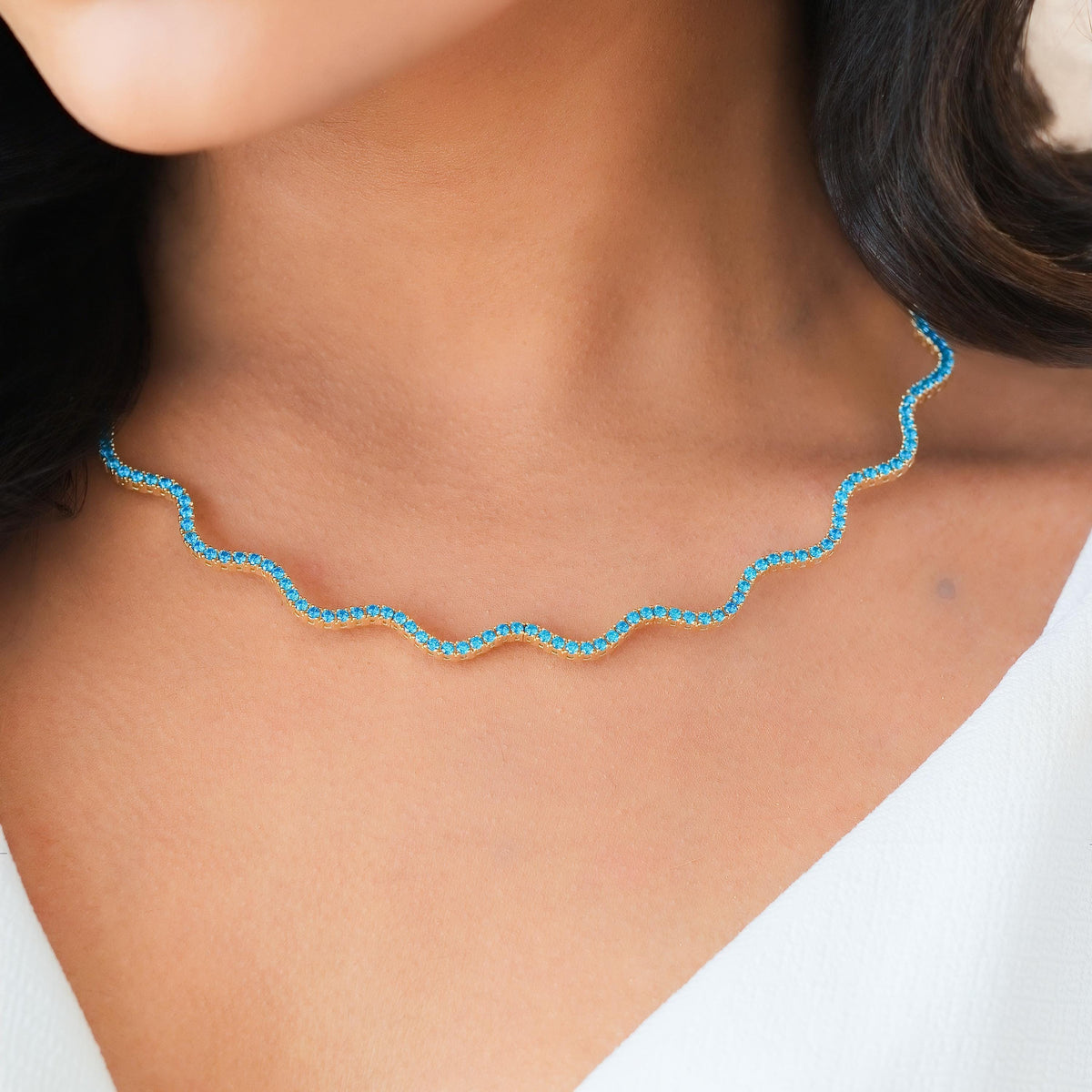 Half Collar Birthstone Wave Tennis Necklace