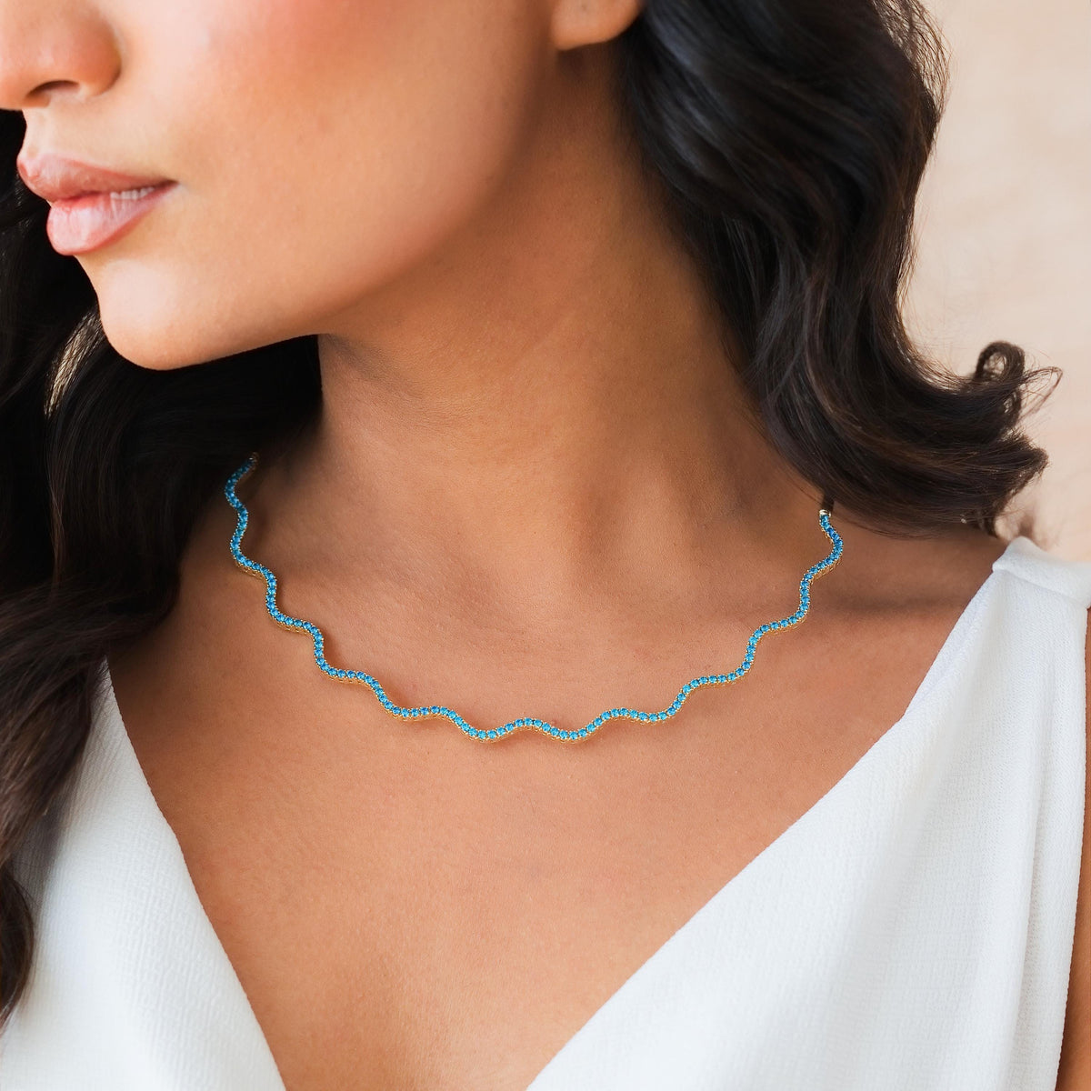 Half Collar Birthstone Wave Tennis Necklace