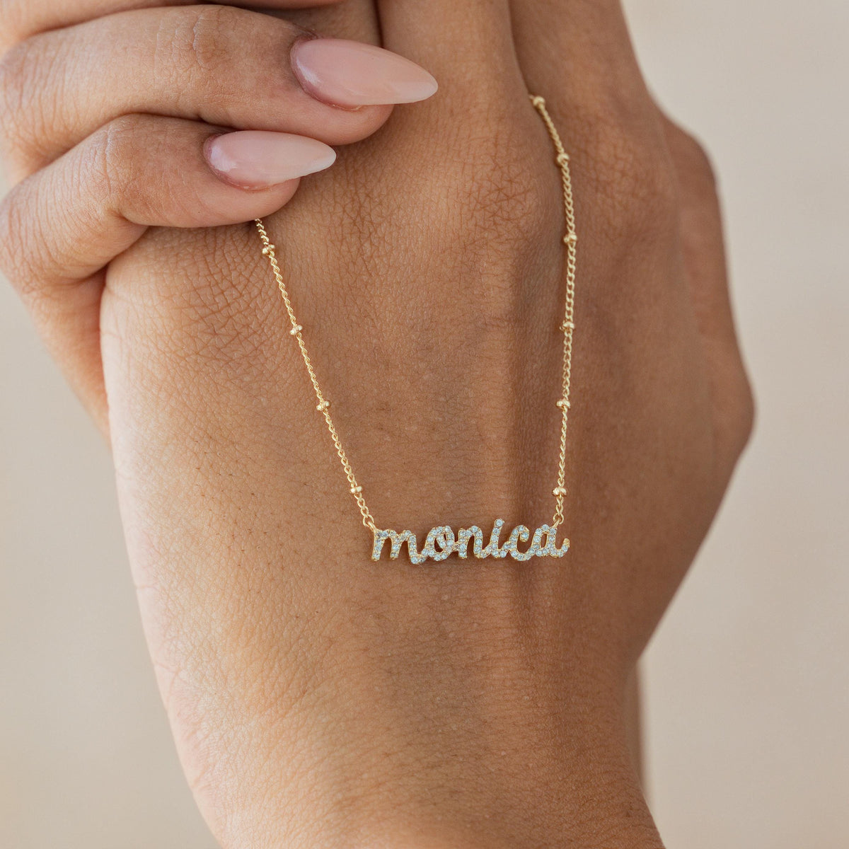 Sparkle Pavé CZ Nameplate Necklace, Ball Chain — photo 4