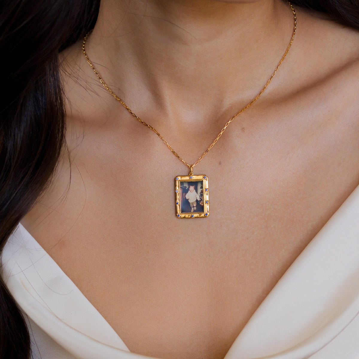 Birthstone Rectangle Photo Frame Necklace — photo 1