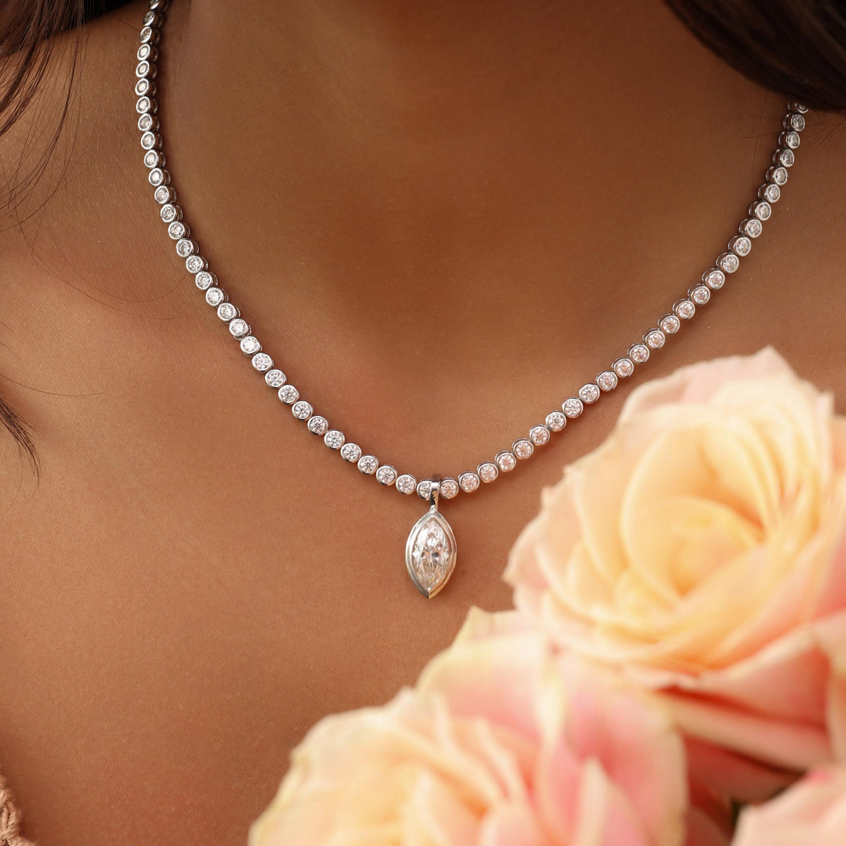 Tennis Necklace with Marquise Bezel Pendant