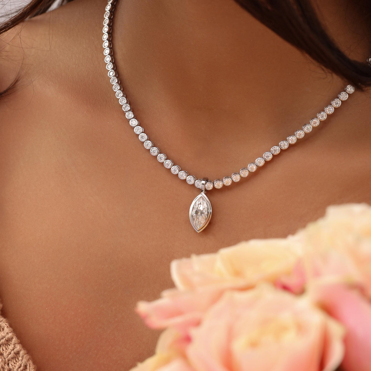Tennis Necklace with Marquise Bezel Pendant