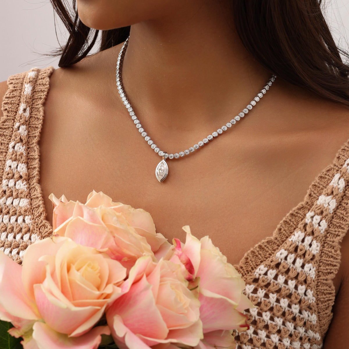 Tennis Necklace with Marquise Bezel Pendant