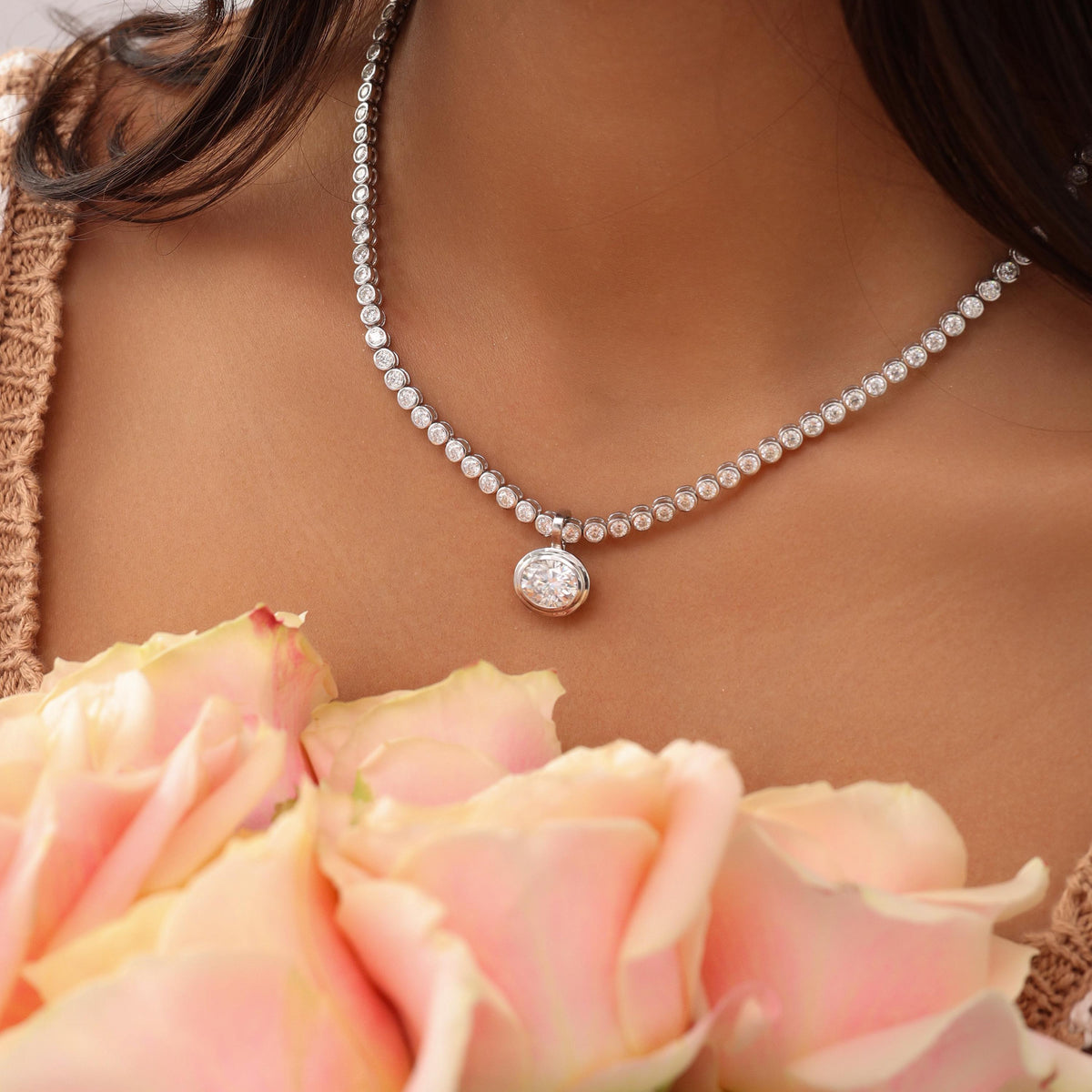 Tennis Necklace with Oval Bezel Pendant — photo 1
