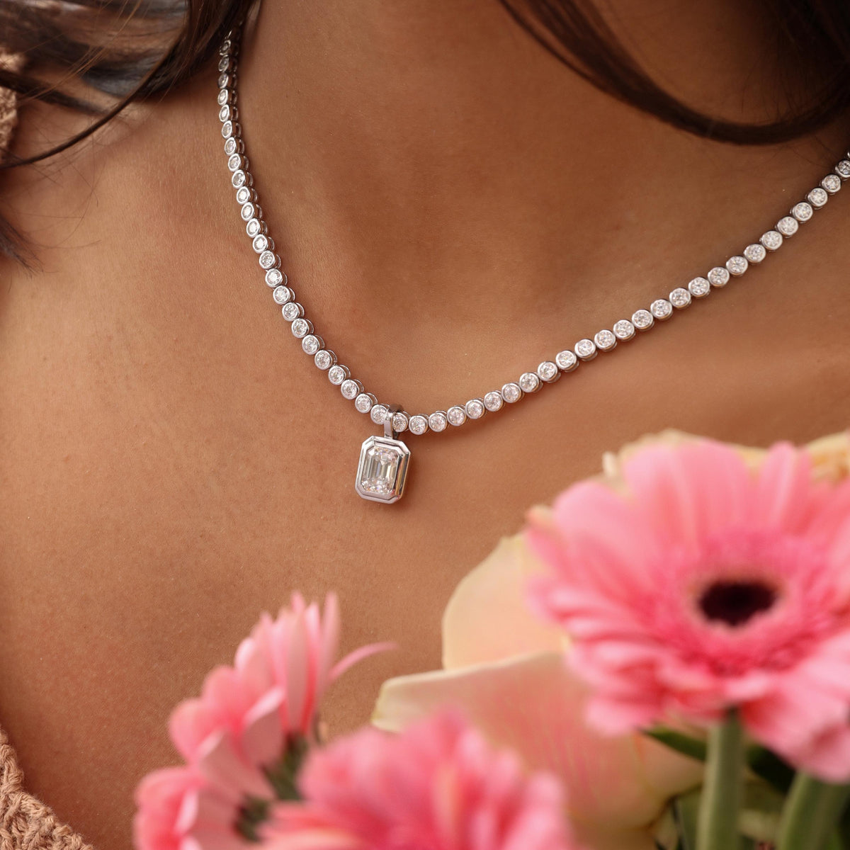 Tennis Necklace with Emerald Bezel Pendant — photo 1