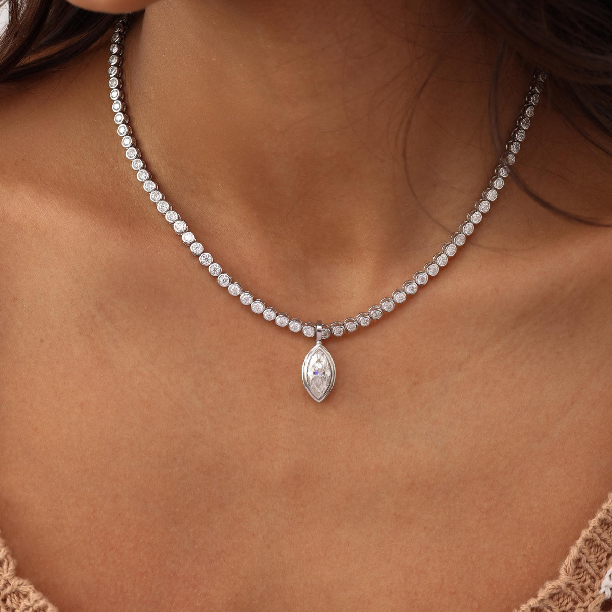 Tennis Necklace with Marquise Bezel Pendant