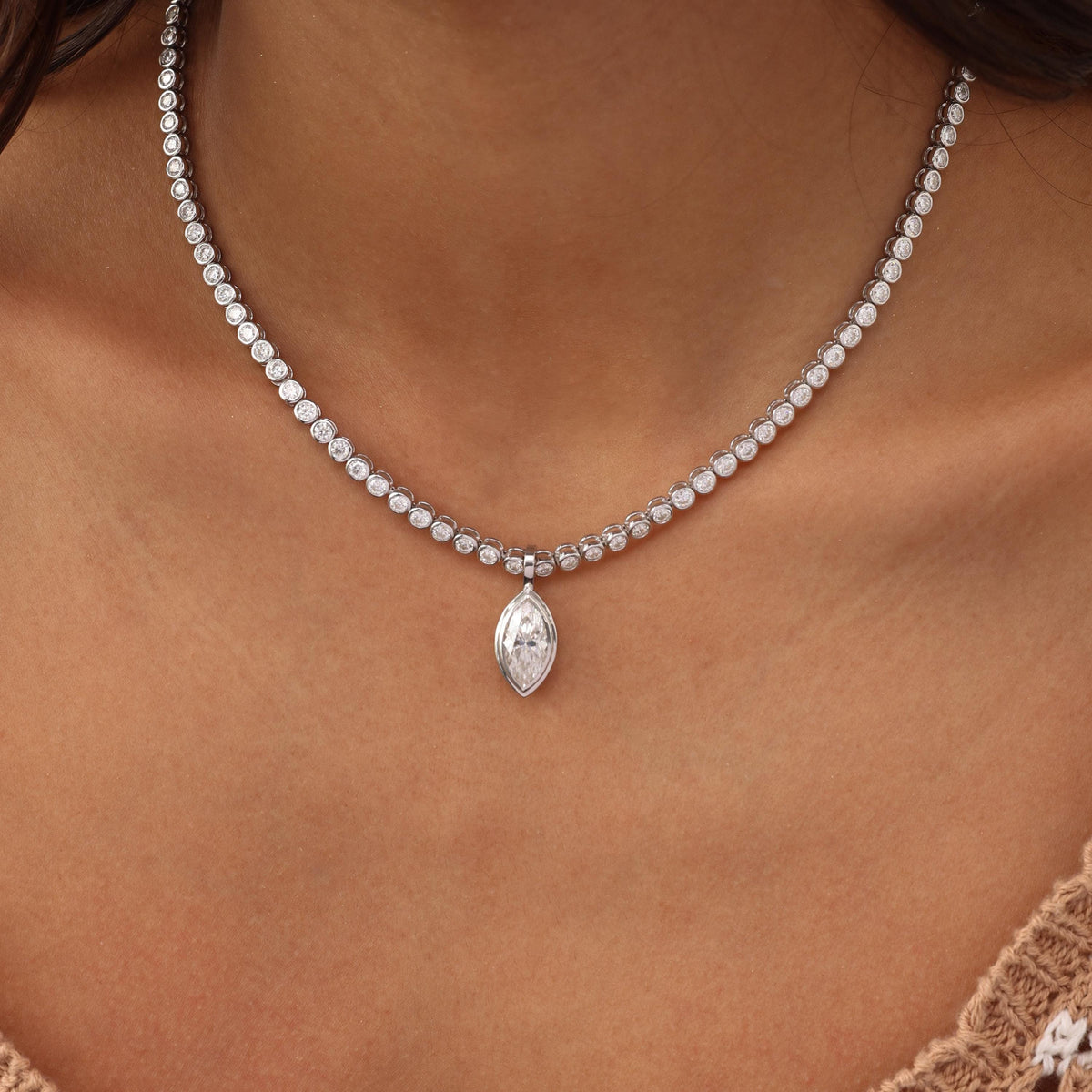 Tennis Necklace with Marquise Bezel Pendant