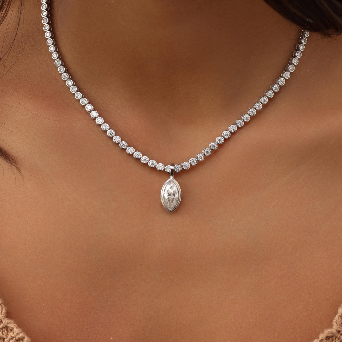 Tennis Necklace with Marquise Bezel Pendant