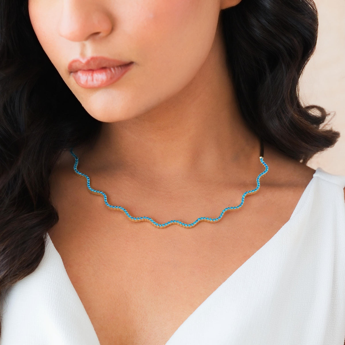 Half Collar Birthstone Wave Tennis Necklace