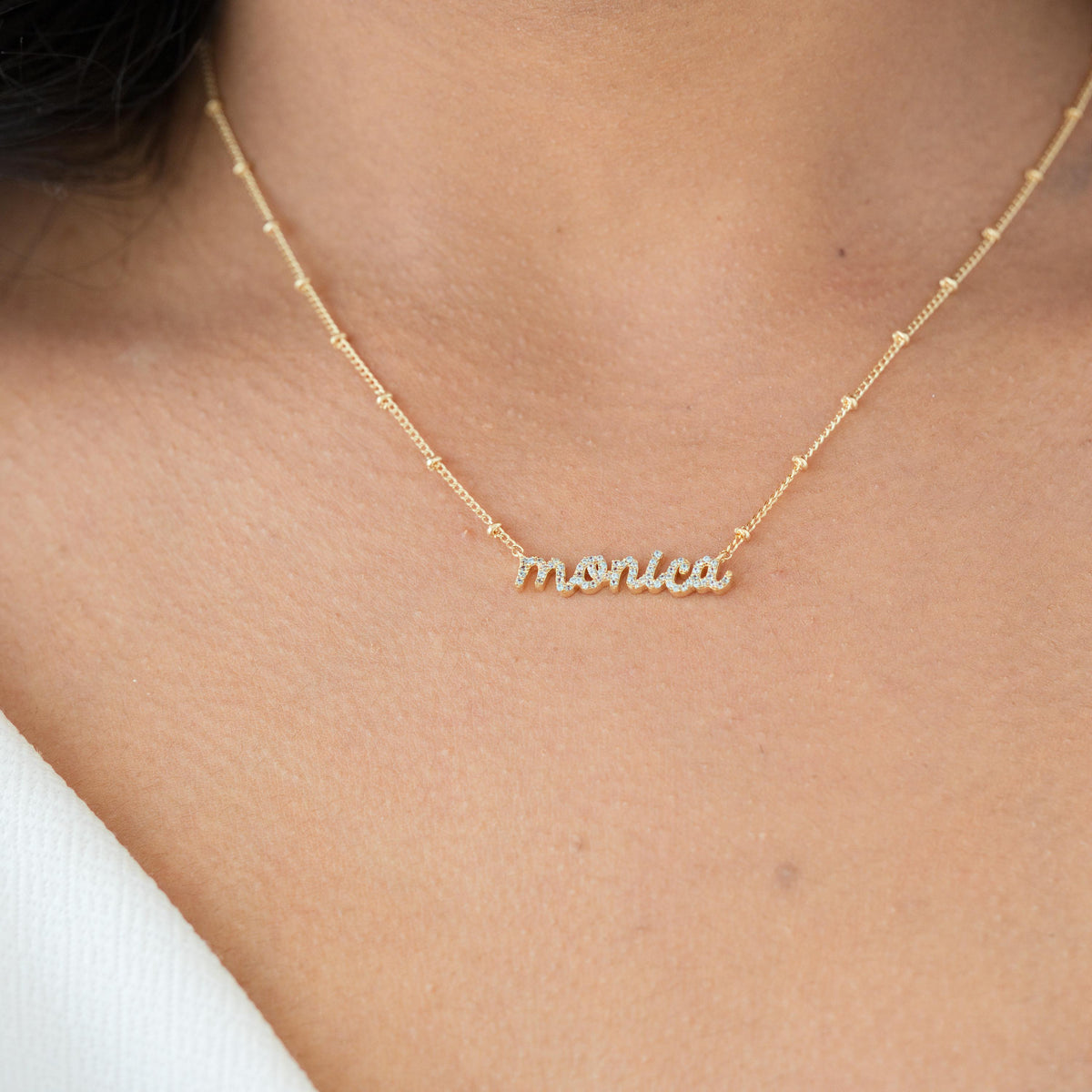 Sparkle Pavé CZ Nameplate Necklace, Ball Chain — photo 2