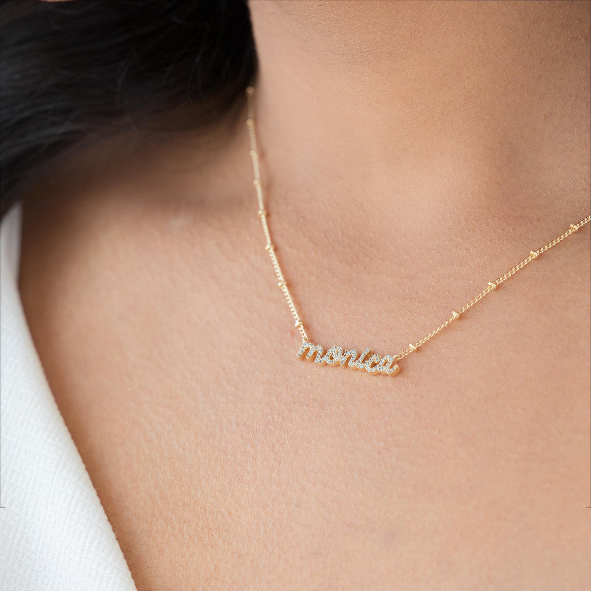 Sparkle Pavé CZ Nameplate Necklace, Ball Chain — photo 3