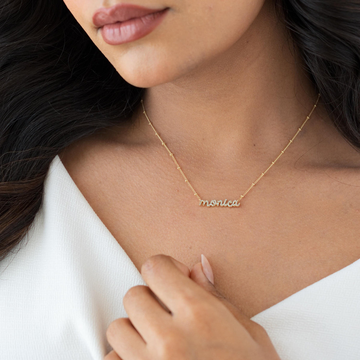 Sparkle Pavé CZ Nameplate Necklace, Ball Chain — photo 12