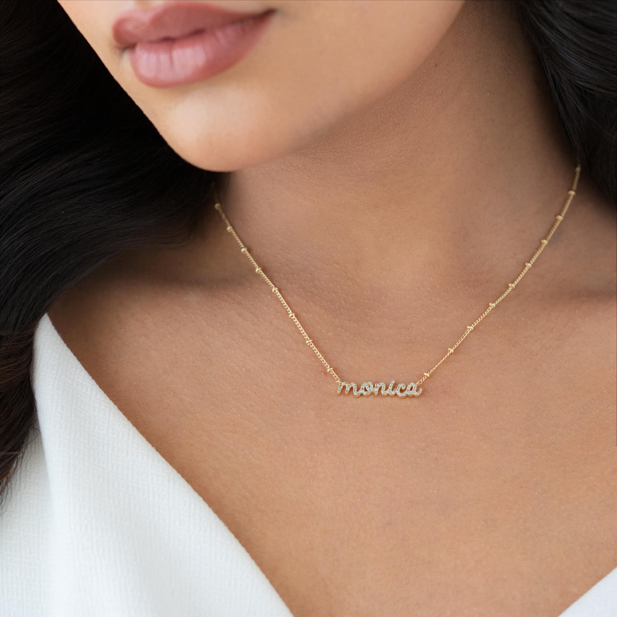 Sparkle Pavé CZ Nameplate Necklace, Ball Chain — photo 13