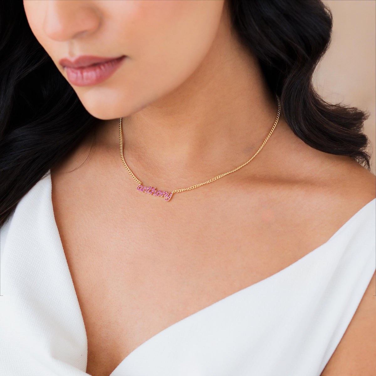 Pavé CZ Nameplate Necklace, Curb Chain — photo 4