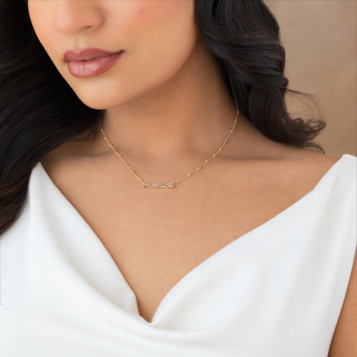 Sparkle Pavé CZ Nameplate Necklace, Ball Chain — photo 9