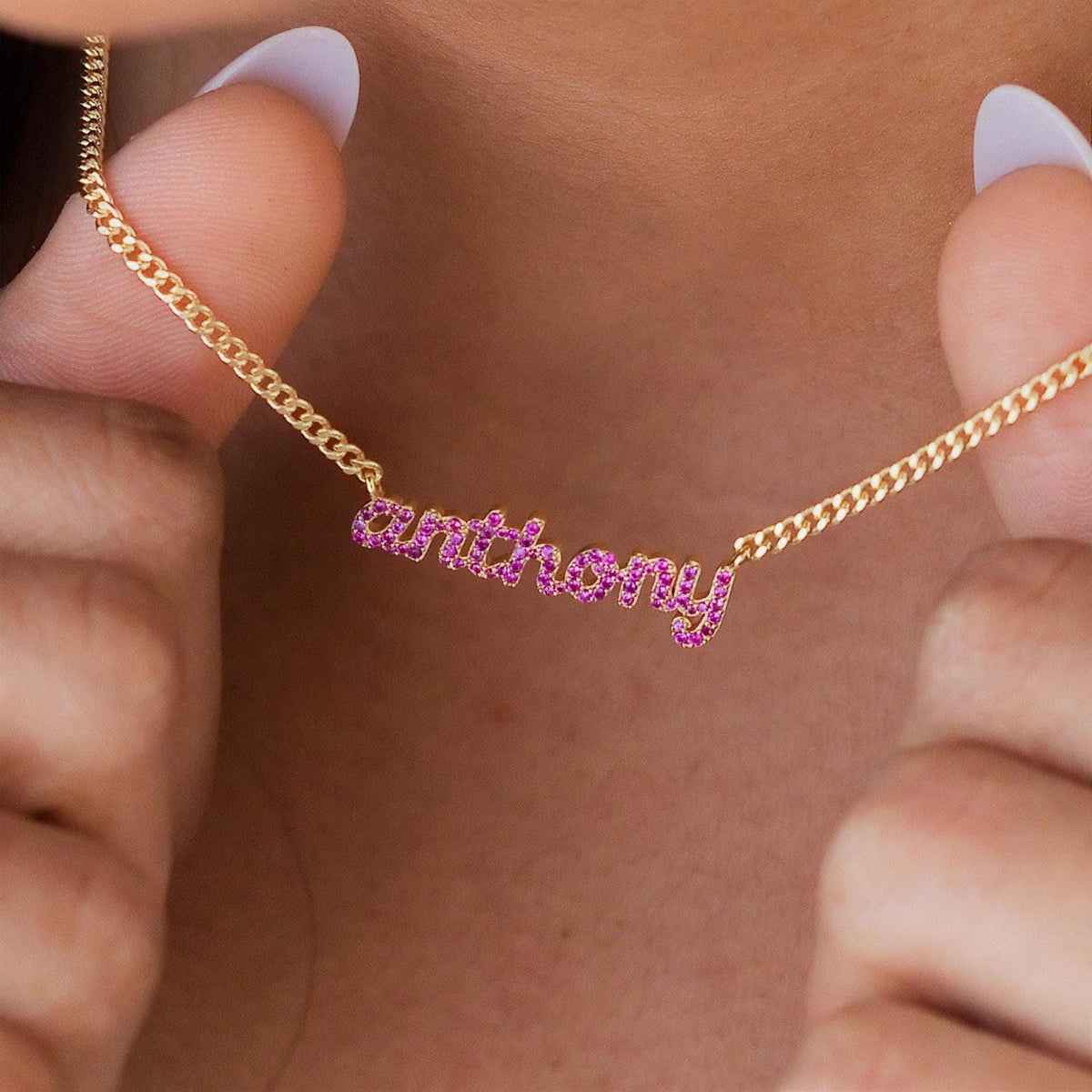 Pavé CZ Nameplate Necklace, Curb Chain — photo 2