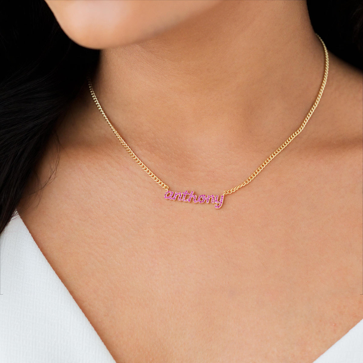 Pavé CZ Nameplate Necklace, Curb Chain — photo 12