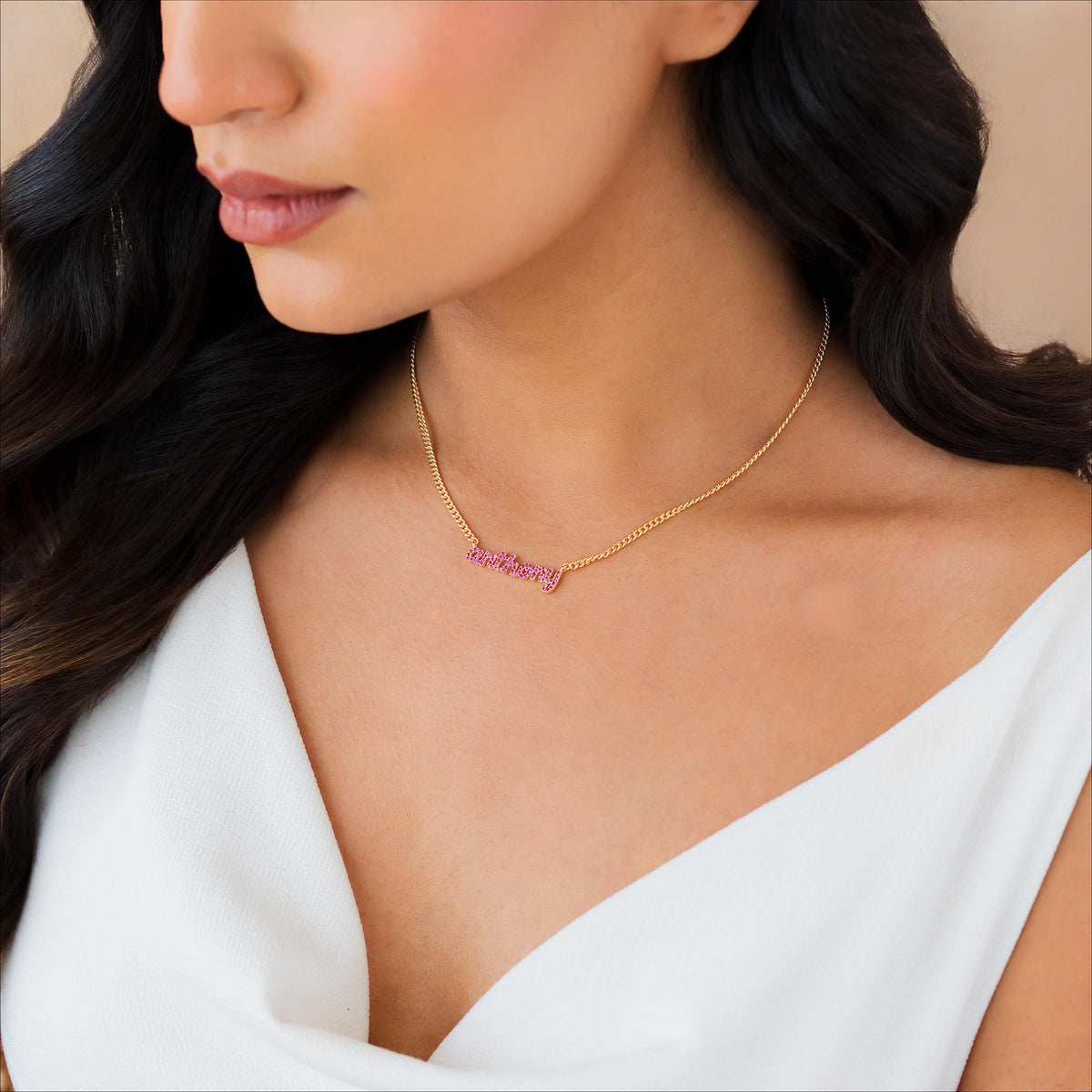 Pavé CZ Nameplate Necklace, Curb Chain — photo 17