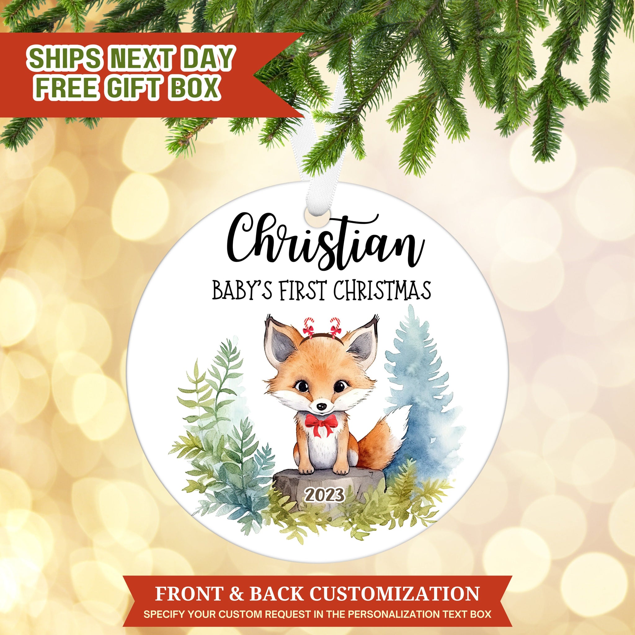 Woodland Fox Ornament,  Custom Baby First Christmas Ornament, Personalized Christmas Ornament, Baby Christmas Ornament New Mom Gift E11 TK D