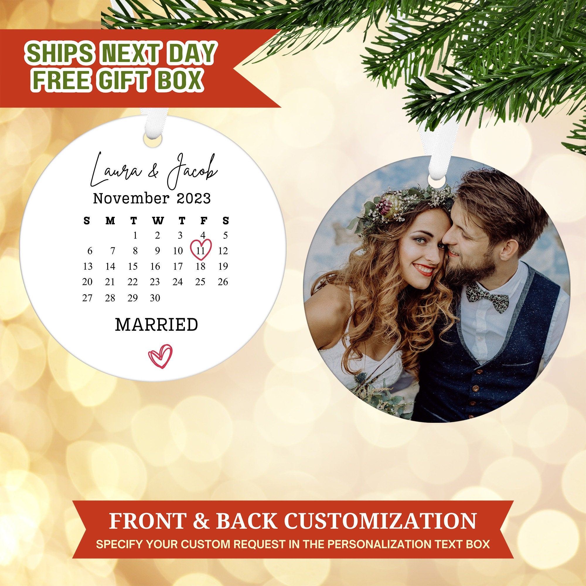 Custom Engagement Ornament , Custom Couple Ornament , Wedding Gift Ornament , Wedding Date Ornament , Save the Date Ornament , Newlywed Gift