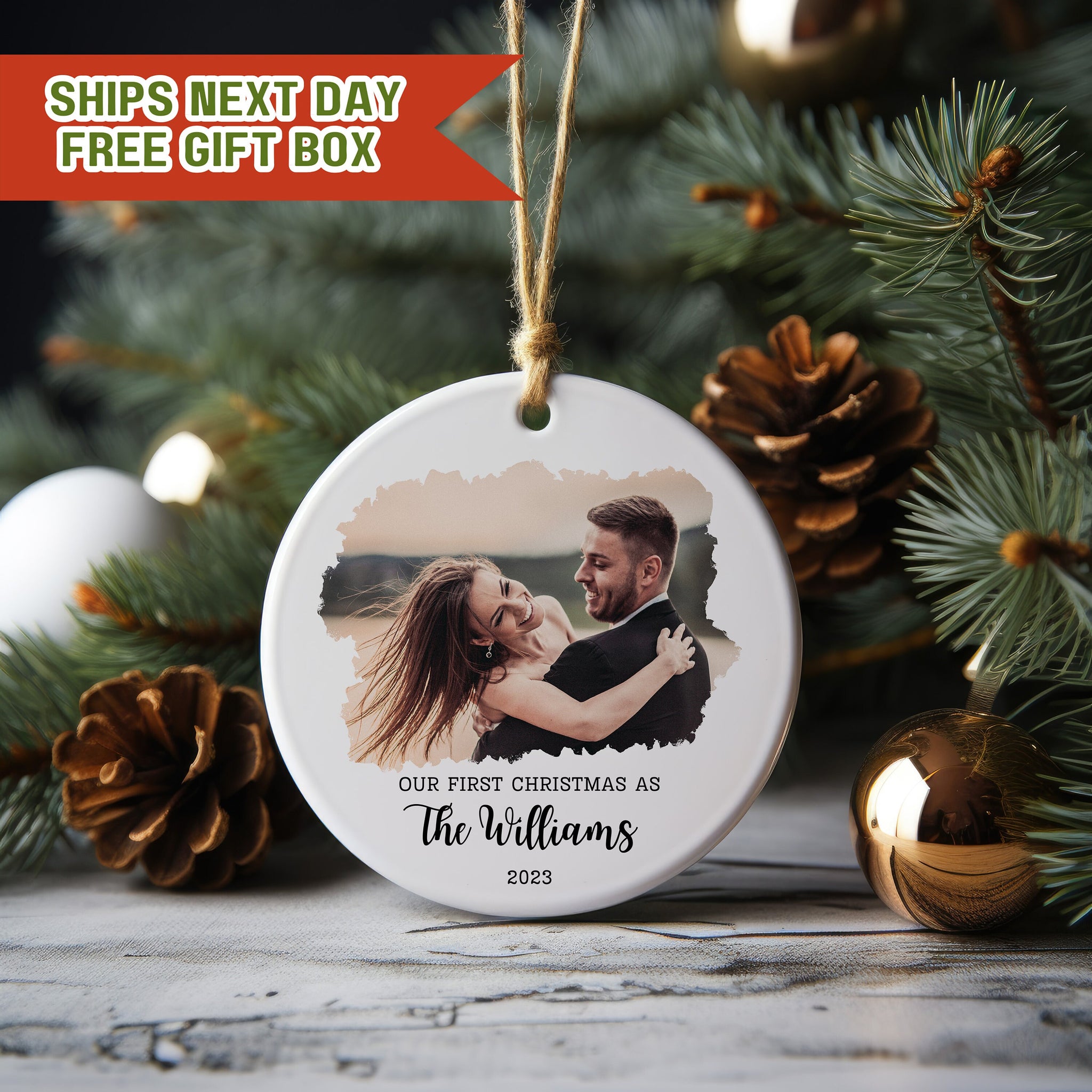 Married Ornament , Custom Wedding Photo Ornament , Wedding Date ornament ,  Anniversary Gift , Our First Christmas, Newlywed Engagement Gift