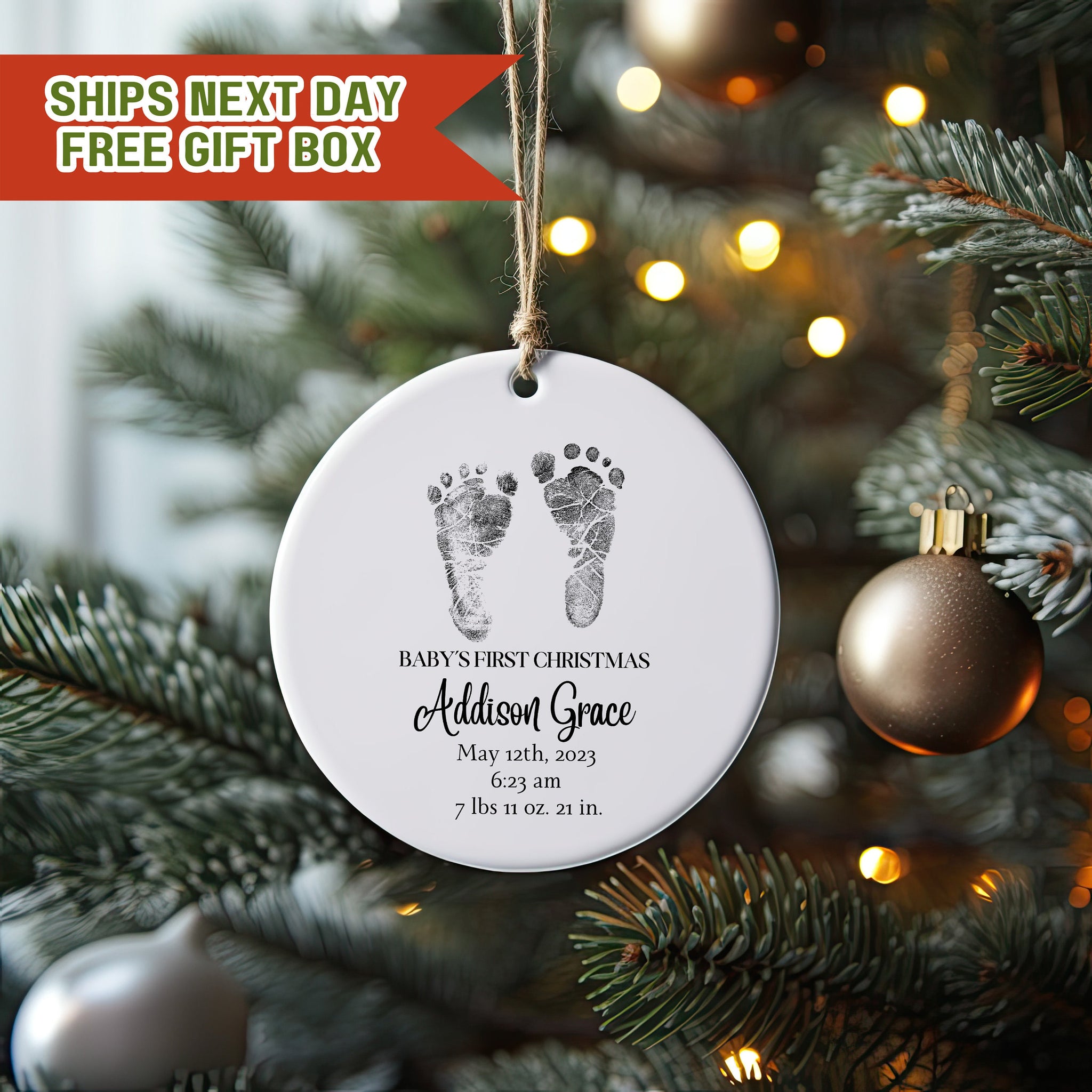 Custom Footprint Ornament, Baby First Christmas Ornament, Newborn Birth Stats Ornament, Custom Baby Photo Ornament , Christmas Gifts for Mom