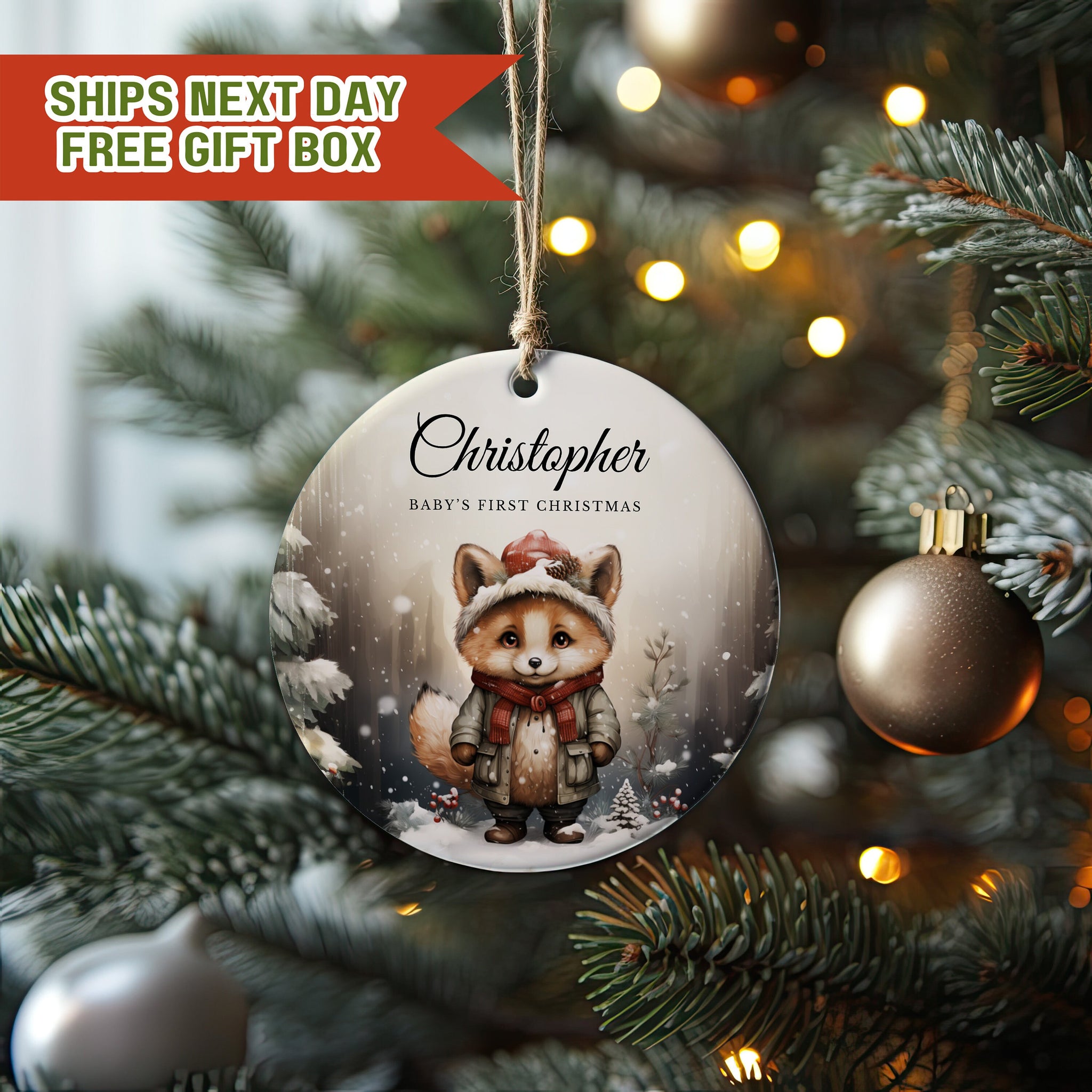 Woodland Fox Ornament,  Custom Baby First Christmas Ornament, Personalized Christmas Ornament, Baby Christmas Ornament New Mom Gift E12