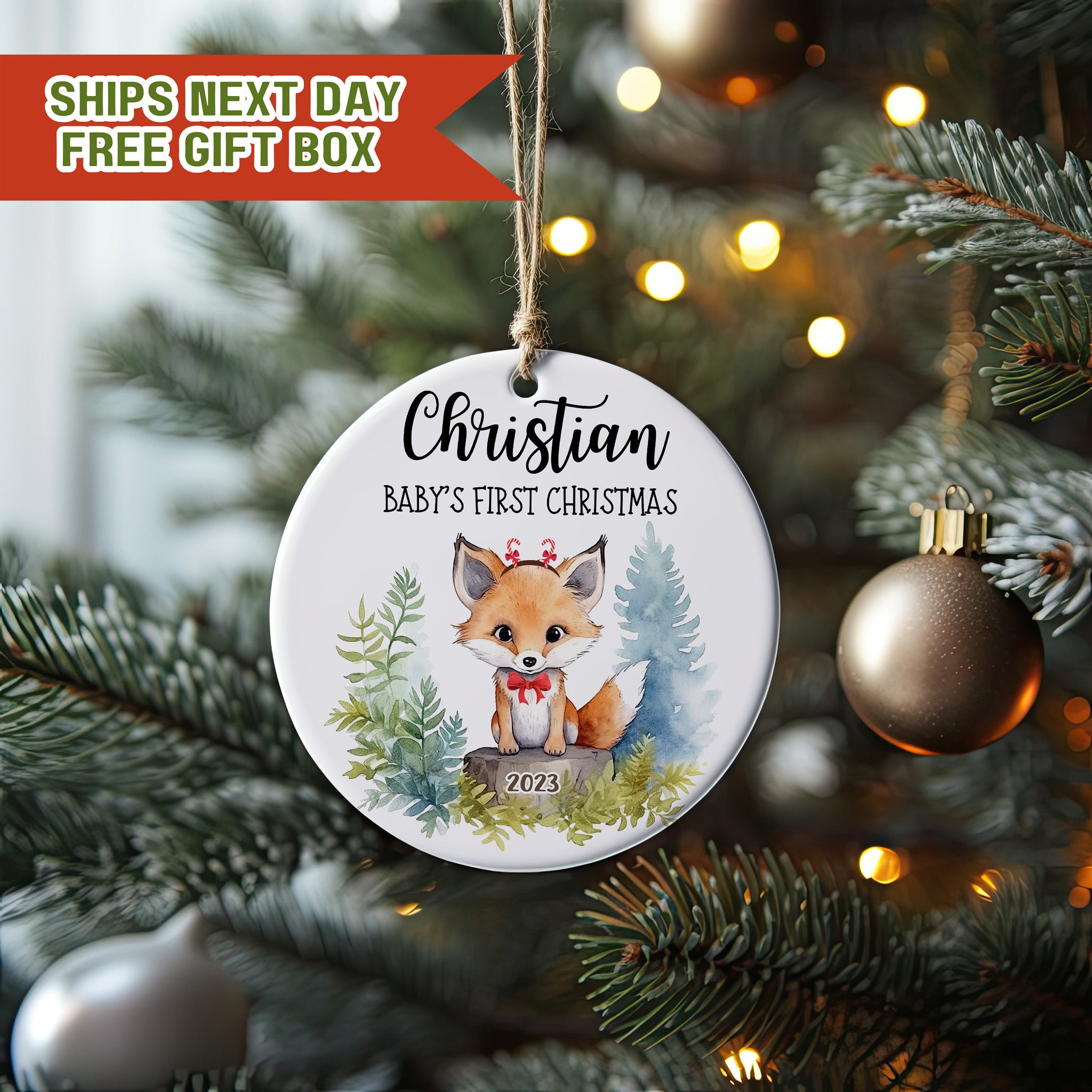 Woodland Fox Ornament,  Custom Baby First Christmas Ornament, Personalized Christmas Ornament, Baby Christmas Ornament New Mom Gift E11 TK B