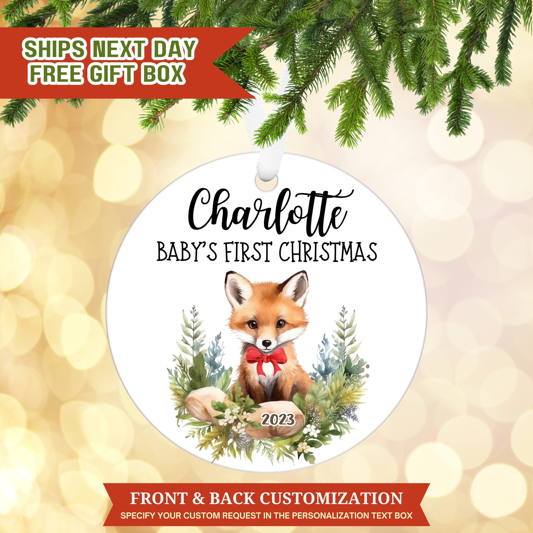 Woodland Fox Ornament,  Custom Baby First Christmas Ornament, Personalized Christmas Ornament, Baby Christmas Ornament New Mom Gift E11 TK B
