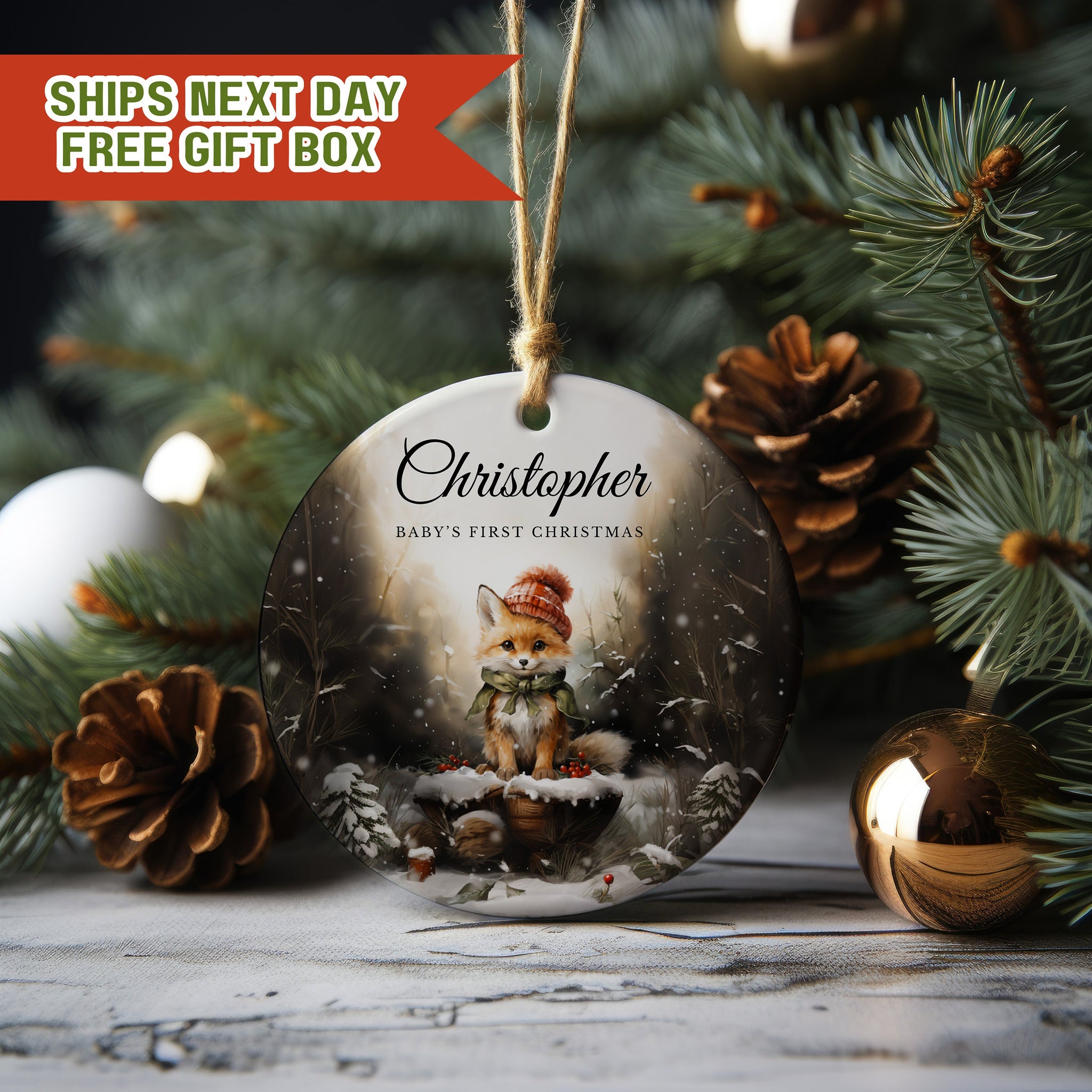 Woodland Fox Ornament,  Custom Baby First Christmas Ornament, Personalized Christmas Ornament, Baby Christmas Ornament New Mom Gift E12
