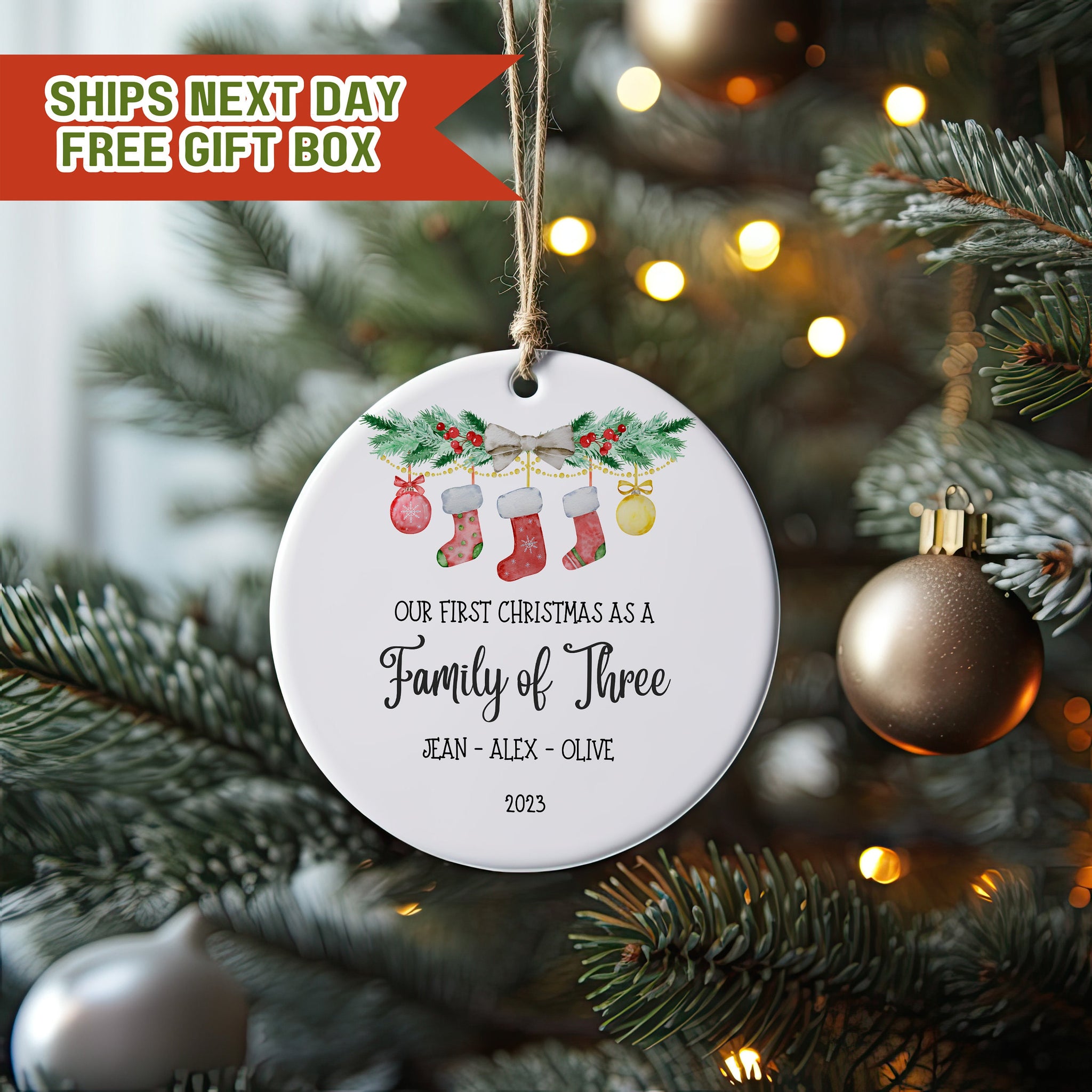 Custom Family of Three, Christmas Ornament, Custom Family Portrait Ornament, Personalized Family Photo Ornament, Custom Christmas Ornament