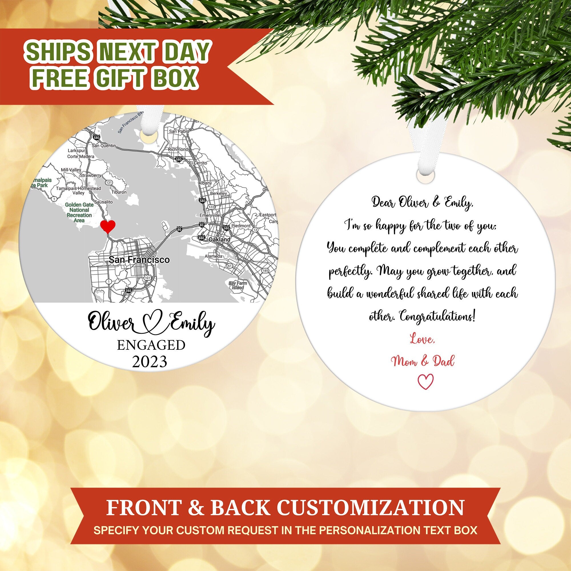 Custom Map Ornament, Engagement Ornament Gift,  Engagement Map, Personalized Engagement Gift for Couple, Engagement Ornament, Christmas Gift
