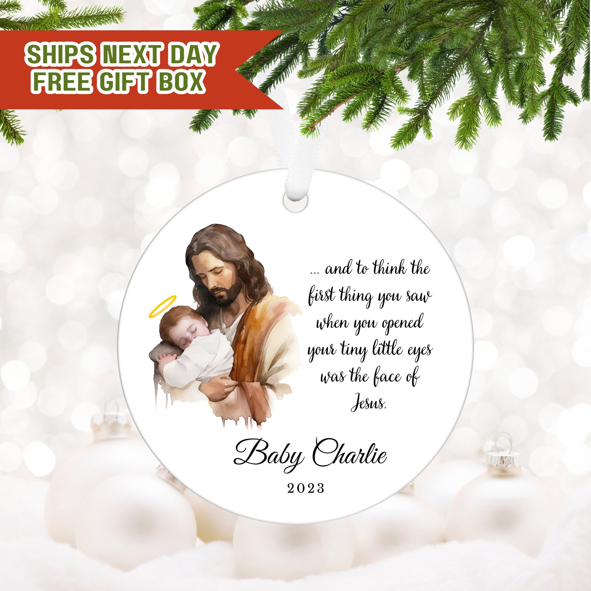 a christmas ornament with a picture of jesus holding a baby jesus
