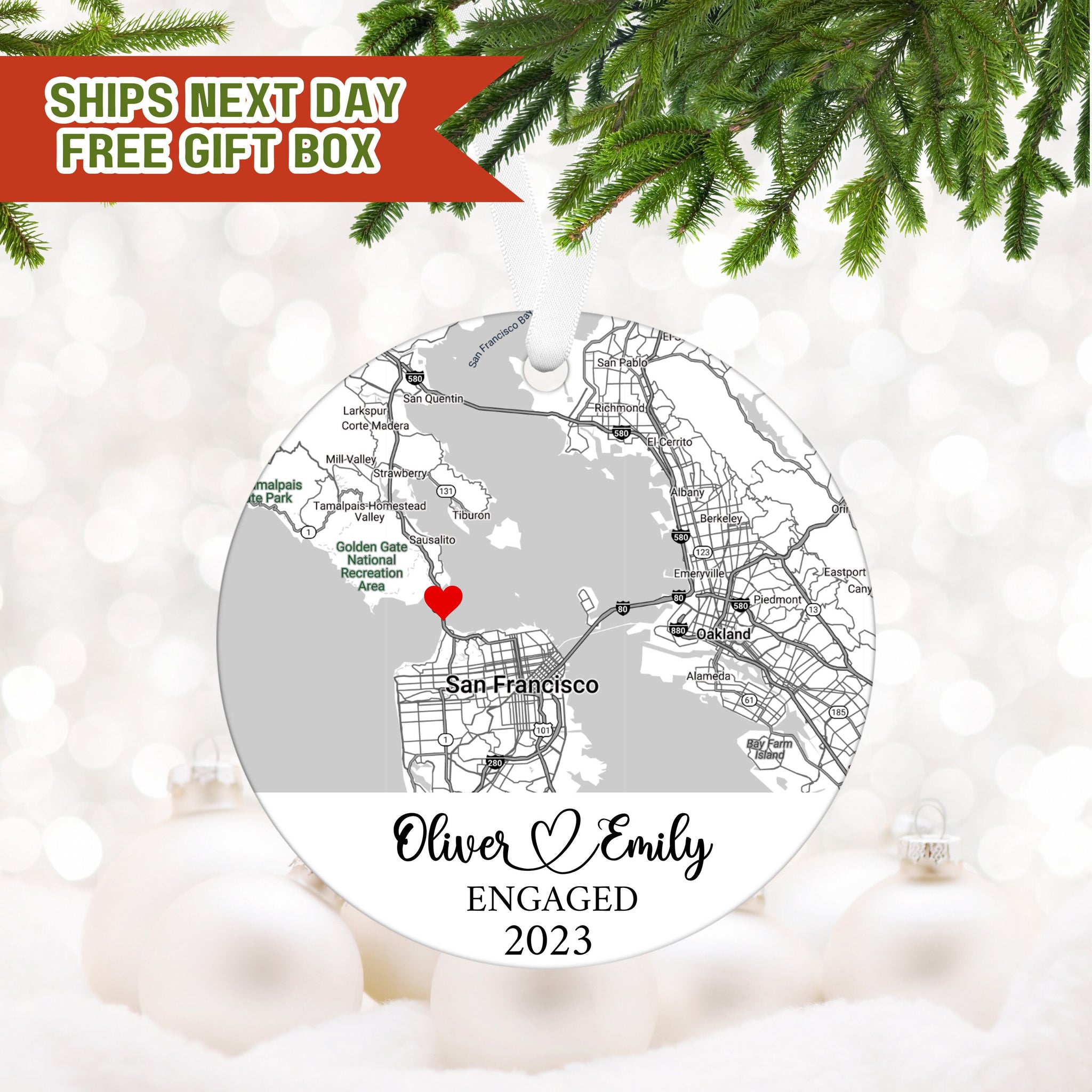 Custom Map Ornament, Engagement Ornament Gift,  Engagement Map, Personalized Engagement Gift for Couple, Engagement Ornament, Christmas Gift