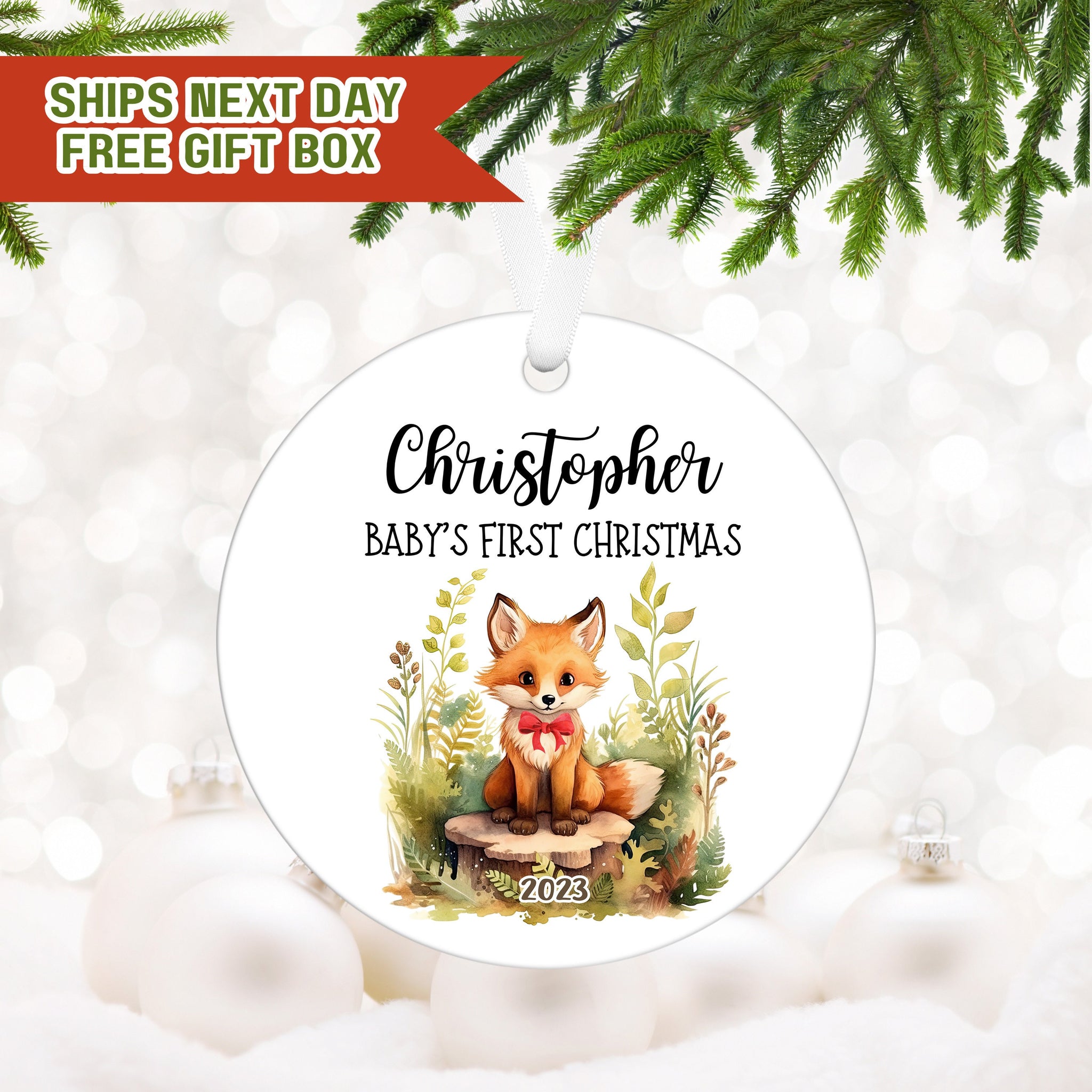 Woodland Fox Ornament,  Custom Baby First Christmas Ornament, Personalized Christmas Ornament, Baby Christmas Ornament New Mom Gift E11 TK C