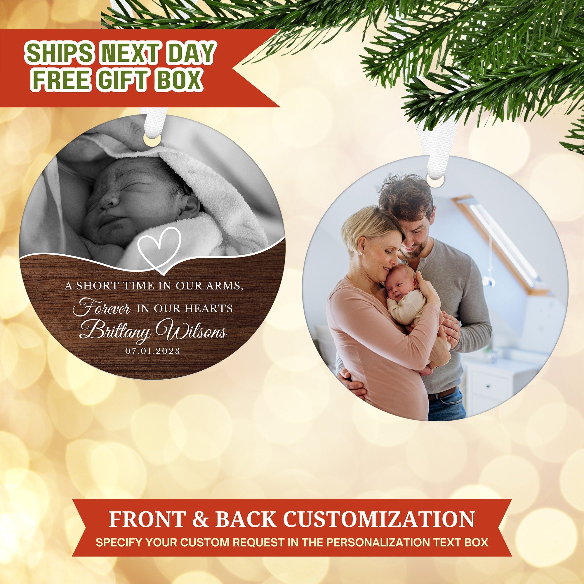 a christmas ornament with a picture of a couple holding a baby