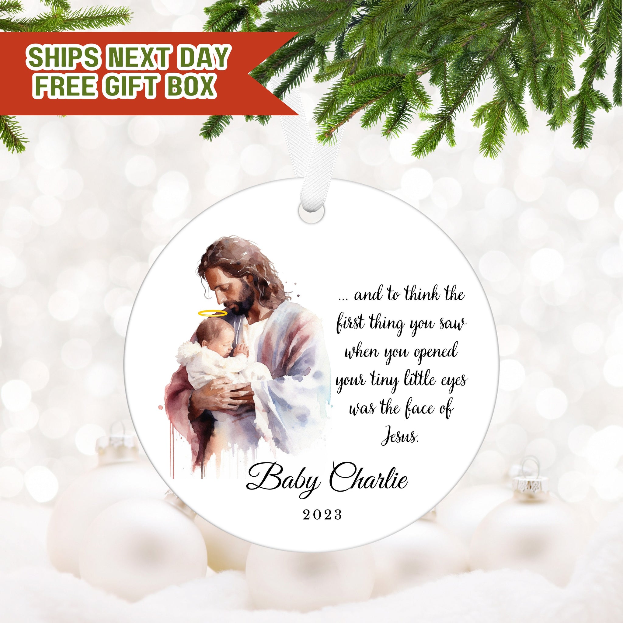 a christmas ornament with a picture of jesus holding a baby