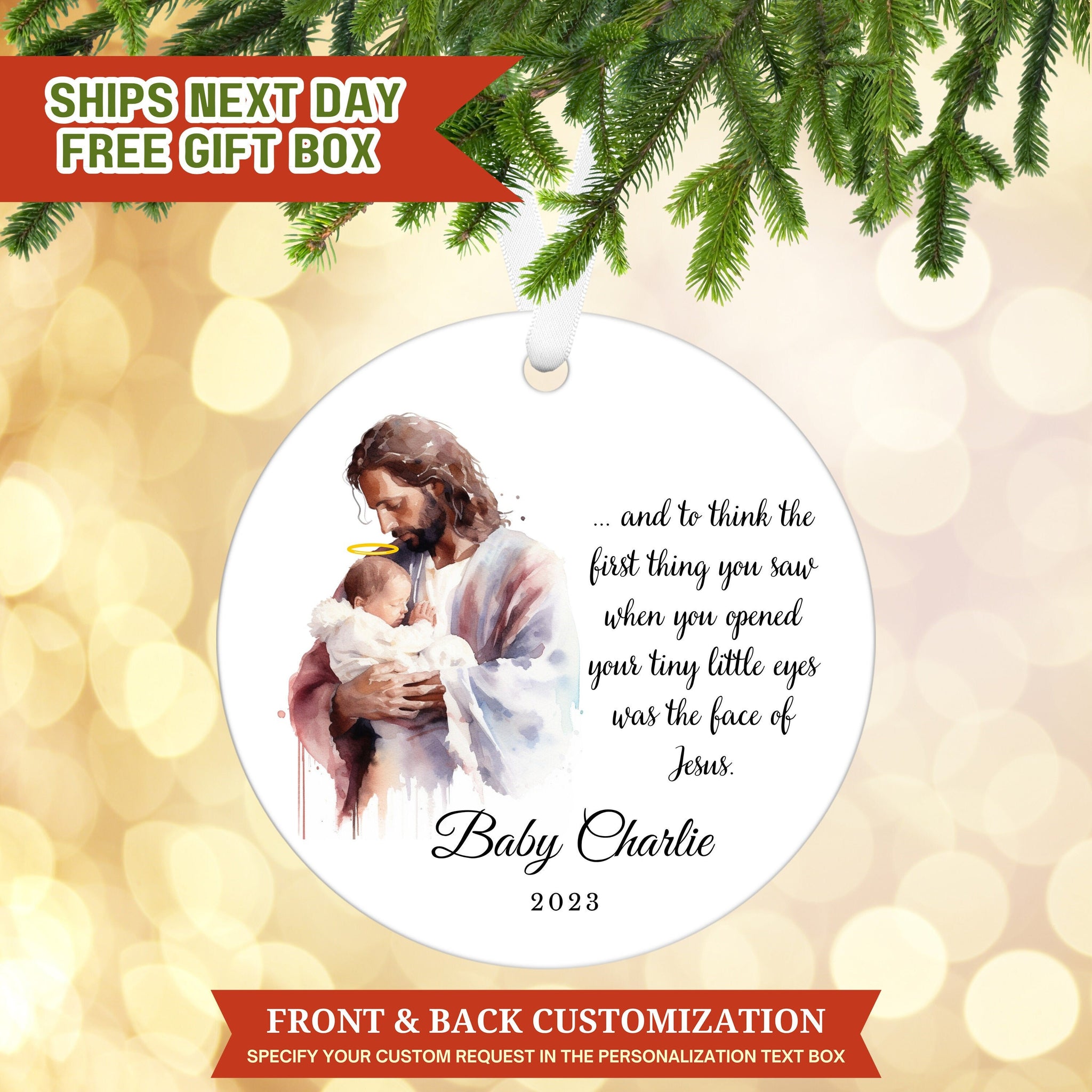 a christmas ornament with a picture of jesus holding a child